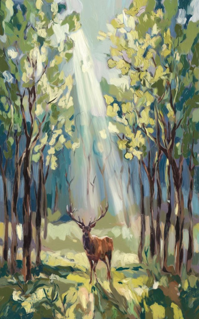 A stag in sunlight standing in the woods